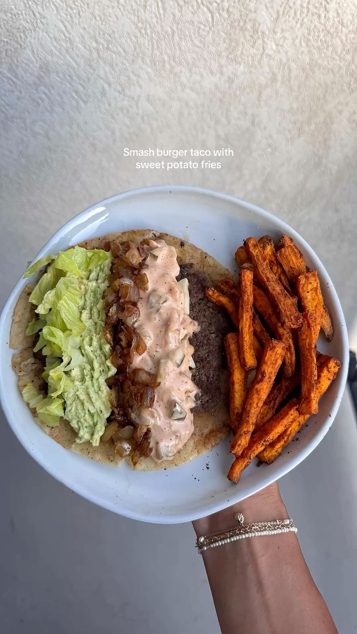 Smash Burger Taco with Sweet Potato Fries