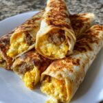 Air Fryer Breakfast Taquitos, featuring crispy golden-brown flour tortillas rolled tightly with a visible cross-section displaying fluffy scrambled eggs
