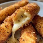 Air Fryer Mozzarella Sticks, golden-brown crispy breaded mozzarella sticks with a gooey melted cheese interior