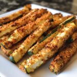 Air Fryer Zucchini Fries. Golden-brown crispy zucchini fries arranged on a clean white plate