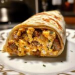 Breakfast Burrito, featuring a tightly rolled flour tortilla stuffed with fluffy scrambled eggs
