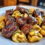 Butter Steak Bites with Parmesan Tortellini and Garlic Sauce