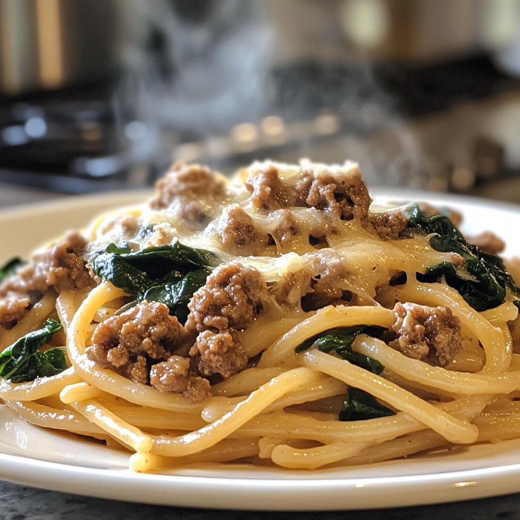 35-Minute Cheesy Garlic Butter Linguine with Beef Sausage Spinach
