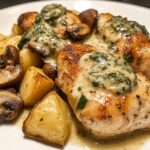 Creamy Garlic Mushroom Alfredo Chicken & Potatoes with Basil Pesto