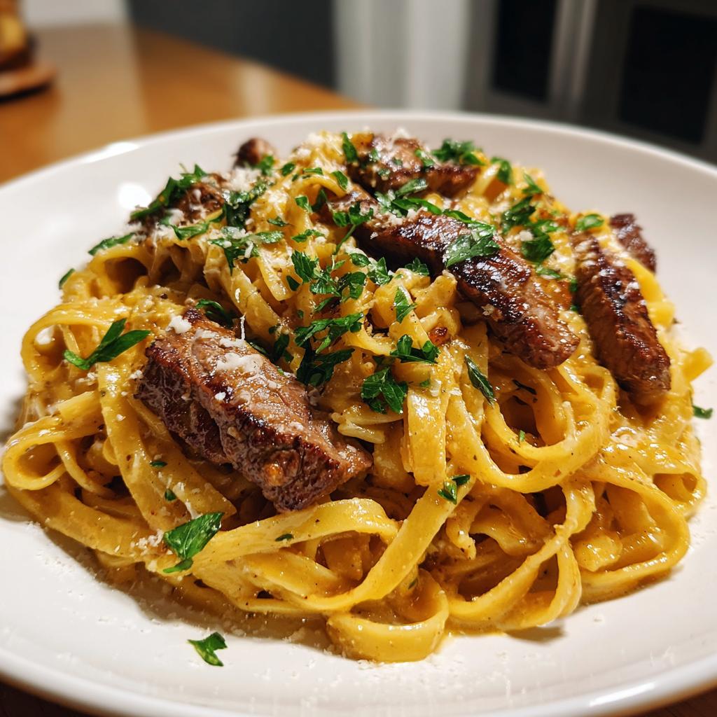30-Minute Creamy Spicy Garlic Butter Steak Pasta Perfection