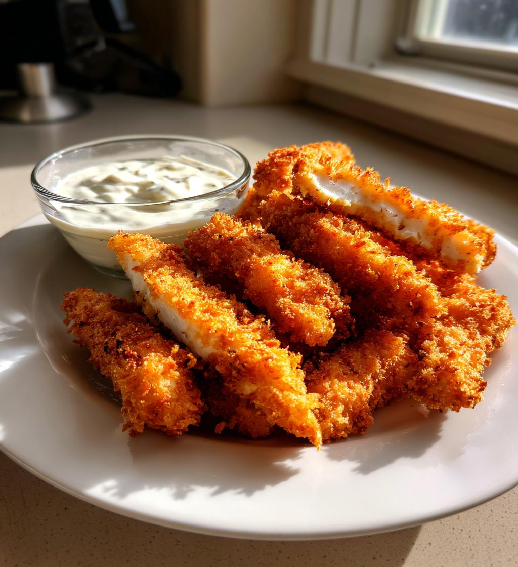 Crispy Chicken Strips with Garlic Dip