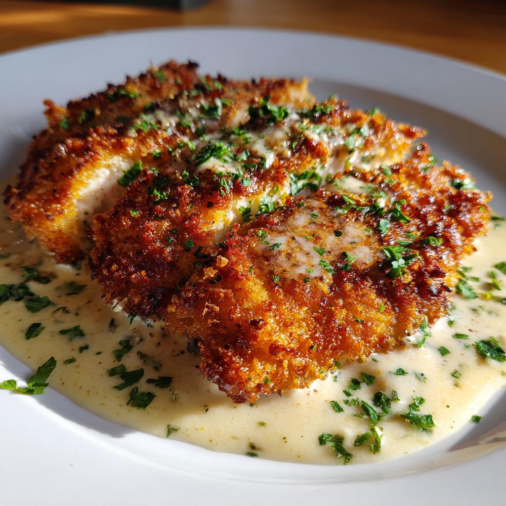 Crispy Parmesan Chicken with Garlic Cream Sauce