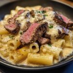 Garlic Butter Steak with Rigatoni in Four-Cheese Sauce