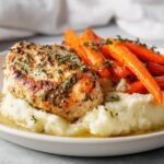 Garlic Herb Chicken with Creamy Mash & Roasted Carrots.