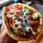Greek Chicken Gyros, featuring a warm, slightly charred pita bread stuffed with tender, marinated grilled chicken slices