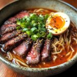 Korean Grilled Beef Ramen, featuring tender slices of marinated beef resting on a bed of steaming ramen noodles in a rich, spicy broth