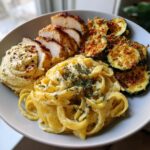 Lemon Dill Chicken Alfredo with Roasted Red Pepper Whipped Feta & Crispy Parmesan Zucchini