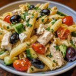 Mediterranean Chicken Pasta Salad, featuring cooked penne pasta mixed with diced chicken