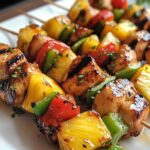 Pineapple Chicken Kabobs. A close-up shot of grilled skewers loaded with golden-brown chicken cubes