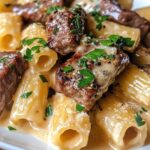 Rigatoni in Garlic Butter Parmesan Cream Sauce with Cajun Steak Tips