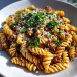 Rotini Pasta with Garlic Butter Sauce and Ground Beef