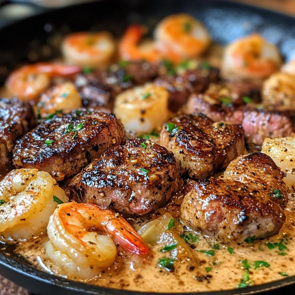 30-Minute Steak and Seafood Skillet with Heavenly Garlic Sauce