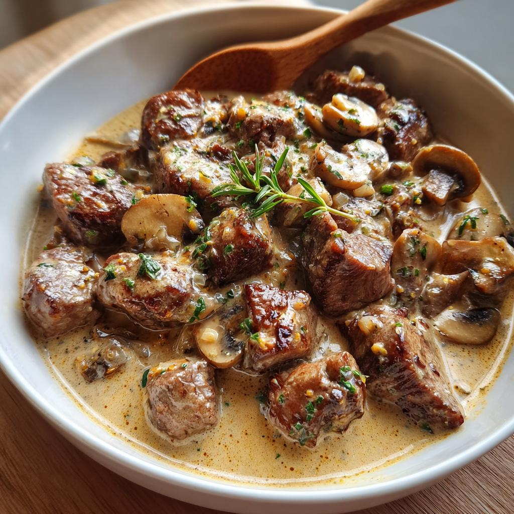 Tender steak bites in creamy garlic mushroom sauce - detail 1