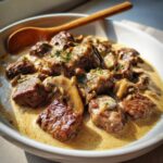 Tender steak bites in creamy garlic mushroom sauce