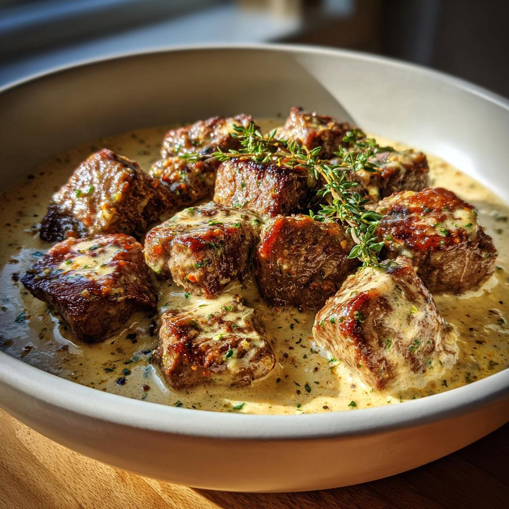 Tender steak cubes in tempting parmesan cream sauce - detail 1