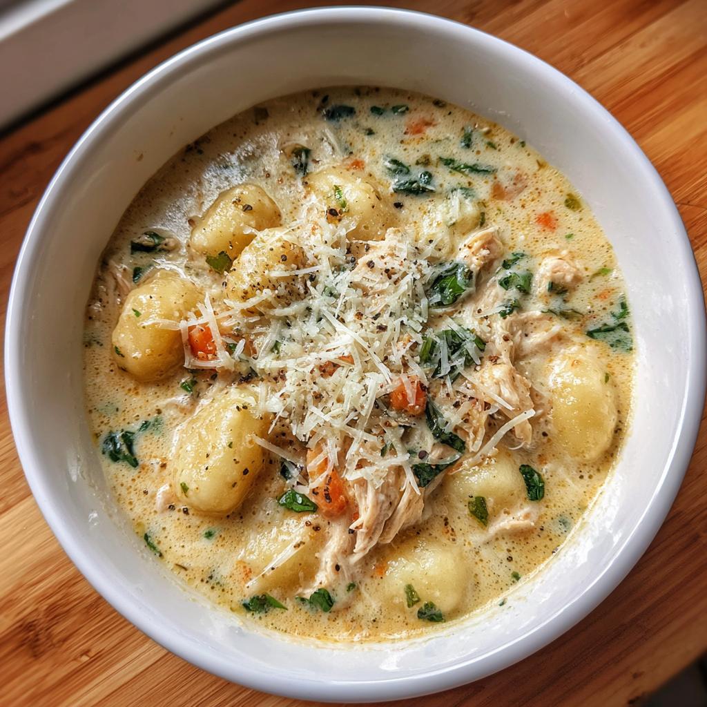creamy garlic chicken gnocchi soup - detail 1