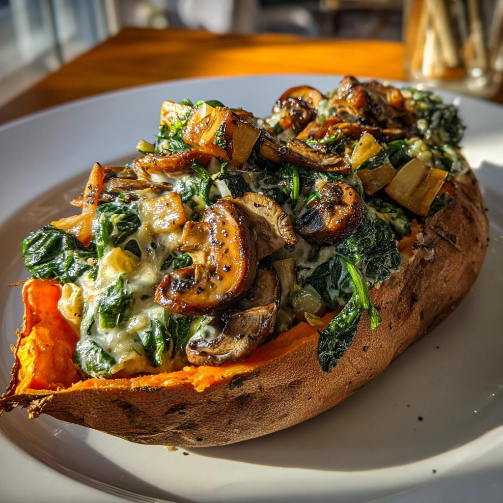 Creamy Mushroom and Spinach Stuffed Sweet Potatoes – 4 Easy Steps