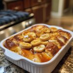 Banana foster bread pudding with caramel sauce and warm bananas.