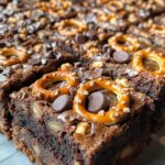 Caramel pretzel brownie bars, fudgy, salty, and sweet.
