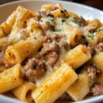 Cheesy Beef and Italian Sausage Rigatoni in Garlic Butter Sauce