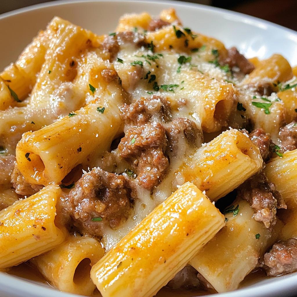 Cheesy Beef and Italian Sausage Rigatoni in Garlic Butter Sauce
