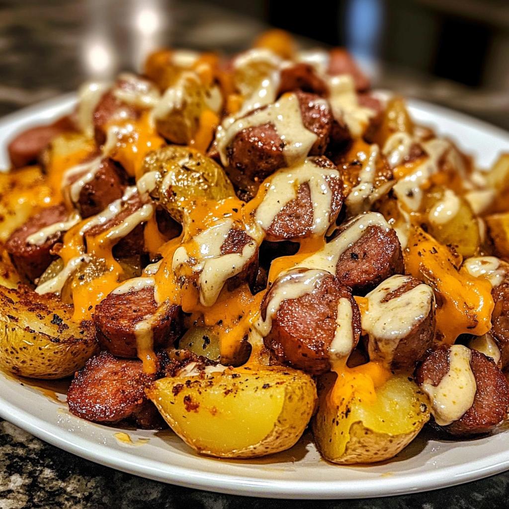 Cheesy Ranch Potatoes and Smoked Sausage with Crispy Fries