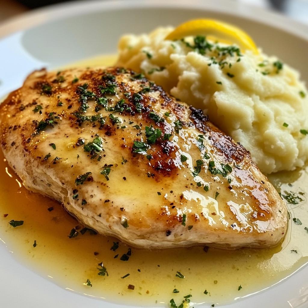 Chicken fillet with butter, herbs, and lemon served with fluffy mashed potatoes