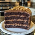 Chocolate champagne cake with soft layers and golden sprinkles.