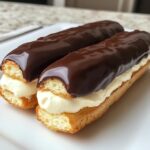 Chocolate eclairs with cream filling and glossy chocolate glaze.
