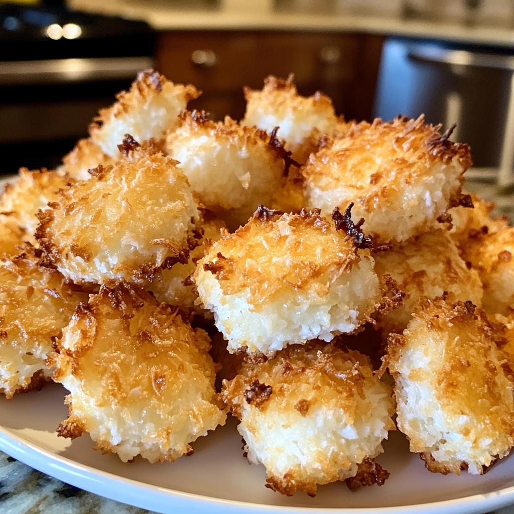 Coconut macaroon towers, chewy, sweet, and lightly toasted.