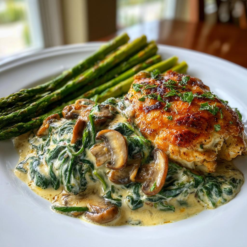 Creamy Spinach and Mushroom Chicken with Roasted Asparagus