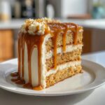 Golden caramel drip cake with buttercream and a smooth, rich finish.