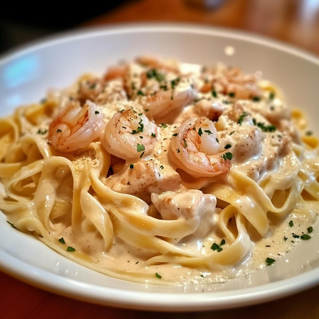 Grilled Chicken and Shrimp Alfredo Pasta