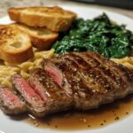 Honey garlic steak with rotini bread and spinach