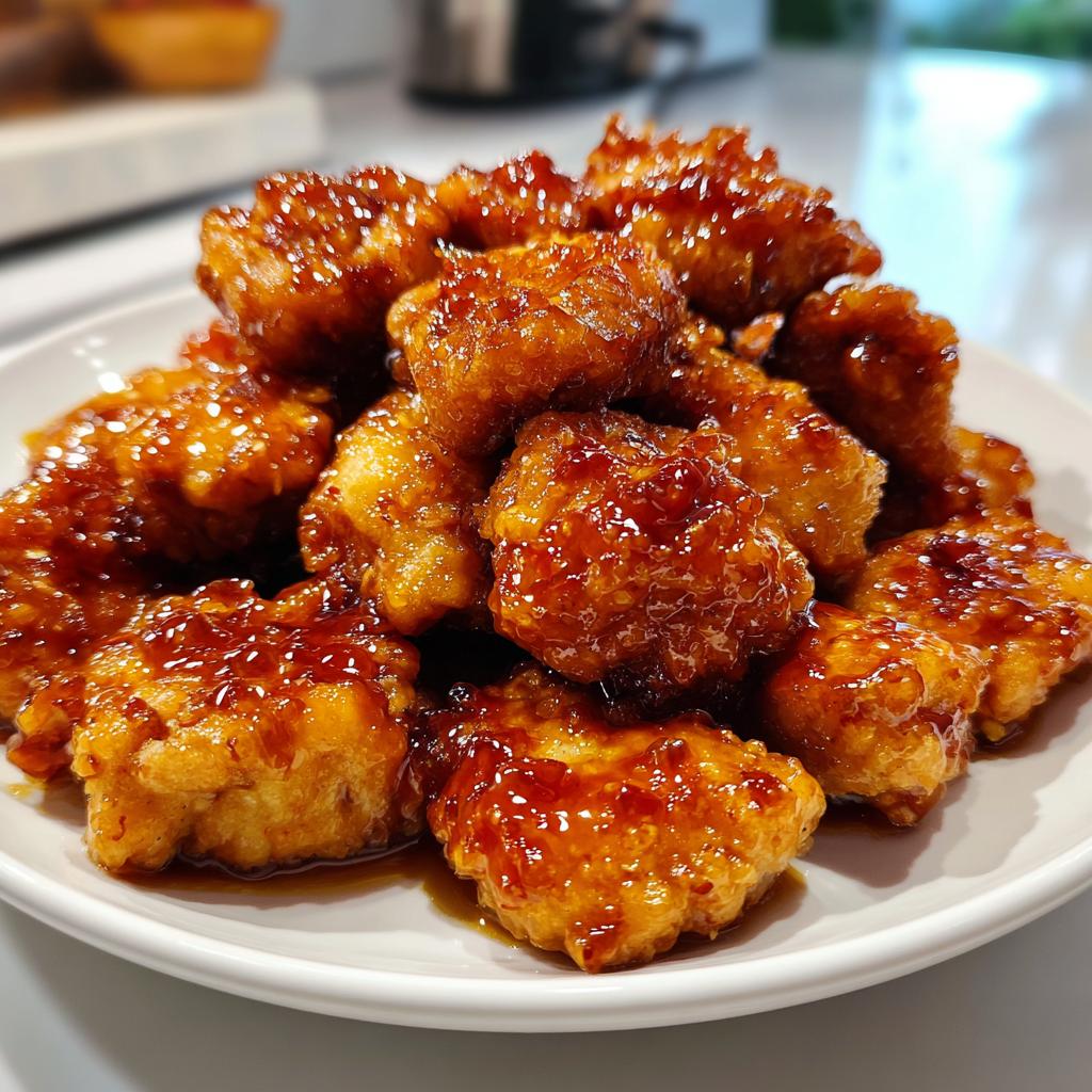 Honey glazed chicken bites, perfectly tender with a sweet, glossy finish.