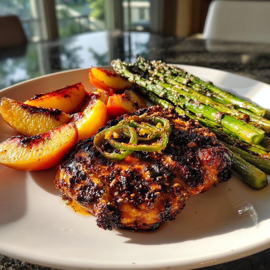 Jalapeño Peach Chicken with Grilled Parmesan Asparagus