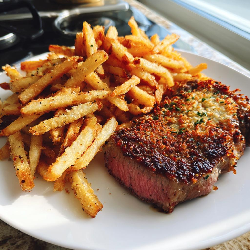 Juicy Parmesan Crusted Steak & Garlic Fries Recipe