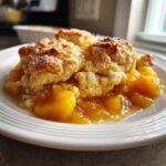Peach cobbler with a golden biscuit topping and juicy, warm filling.