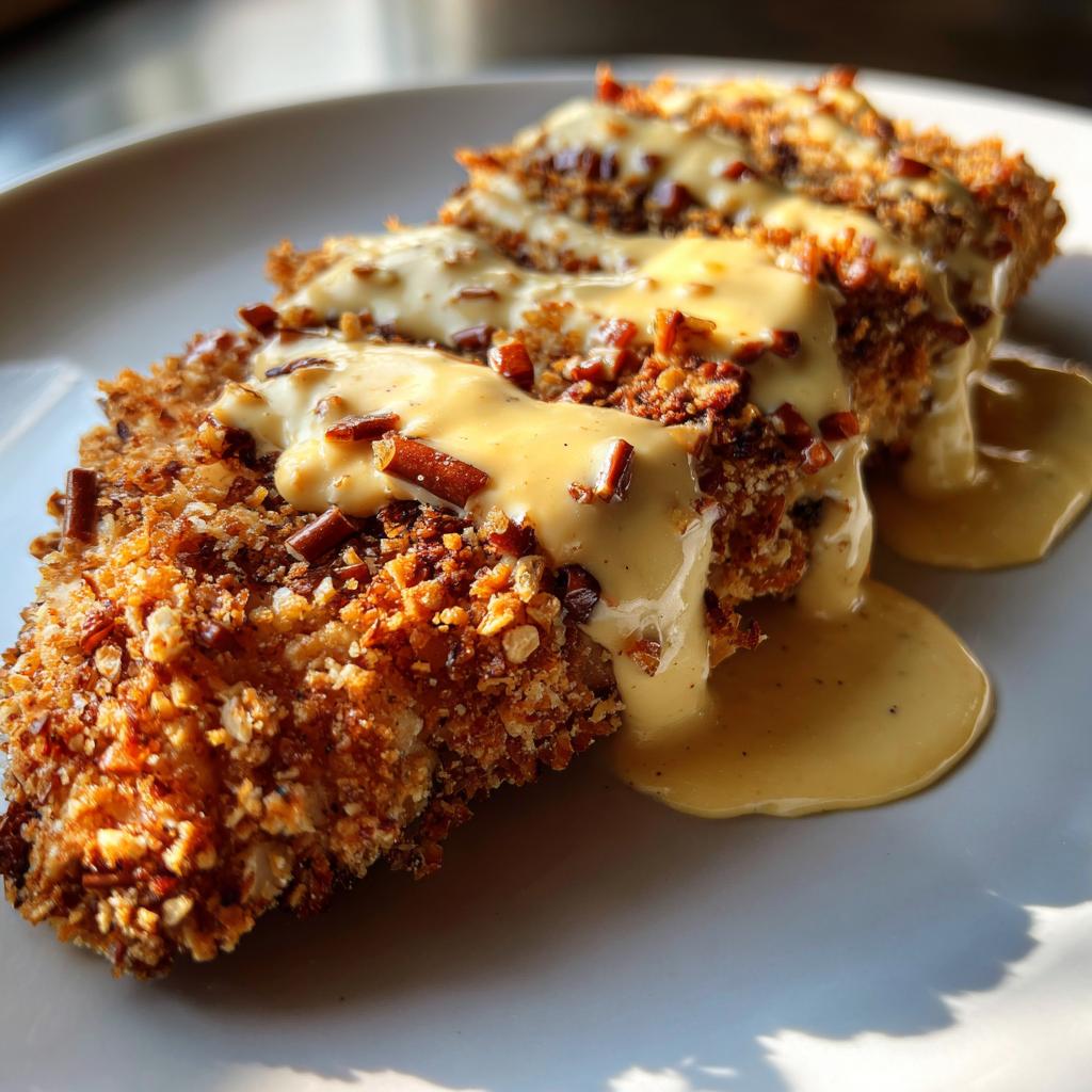 Pretzel-Crusted Chicken with Creamy Mustard Cheddar Sauce