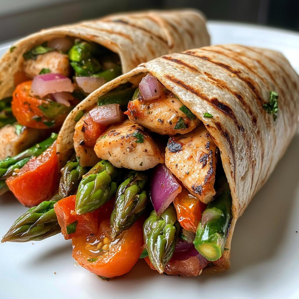 Quick & Easy Healthy Bruschetta Chicken Wraps with Grilled Asparagus
