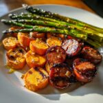 Sausage and Sweet Potatoes with Honey Garlic Sauce and Grilled Asparagus