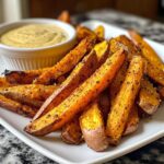 Sweet potato fries with honey mustard dip, a balance of sweet and savory.