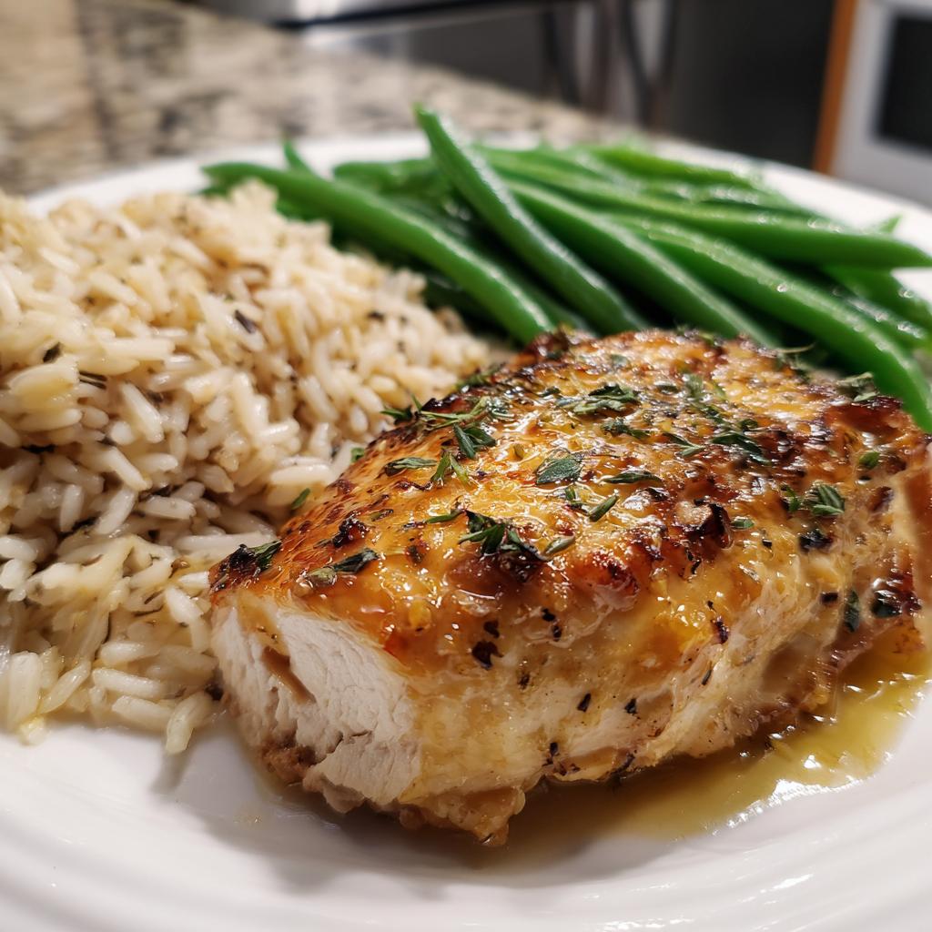 Baked chicken breast with lemon-garlic, served alongside steamed green beans and wild rice.