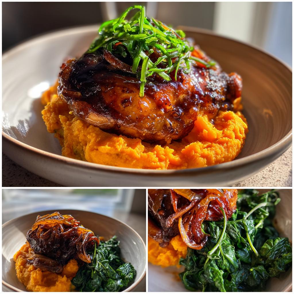Balsamic Glazed Chicken Thighs with mashed sweet potatoes and sautéed spinach