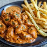 Butter chicken with garlic sauce and crispy fries
